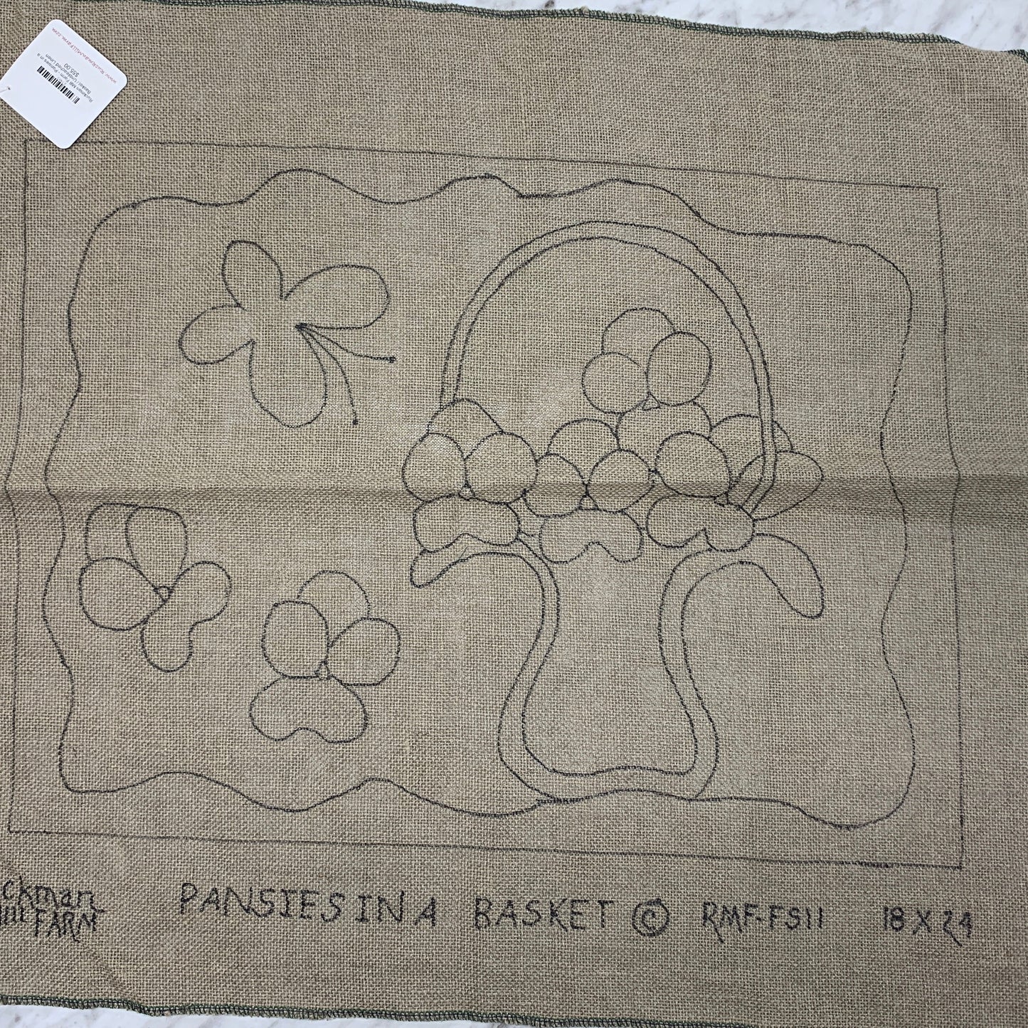 Discount Patterns - Pansies in a Basket, on bleached linen