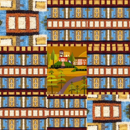 Discount Patterns - Phebe's Townscape, on rug warp
